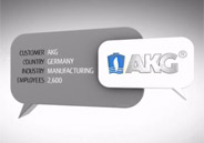 Two speach bubbles, one with the AKG logo and the other saying: Customer: AKG. Country: Germany. Industry: Manufacturing. Employees: 2600. Two speach bubbles, one with the AKG logo and the other saying: Customer: AKG. Country: Germany. Industry: Manufacturing. Employees: 2600.