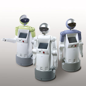 enon, Fujitsu's new service robot (Colors shown, from left:  Citrus Yellow, Lily White, Lavender Blue)