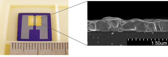 Figure 2: The new sensor device and a cross-sectional electron-microscope photo of the copper(I) bromide film