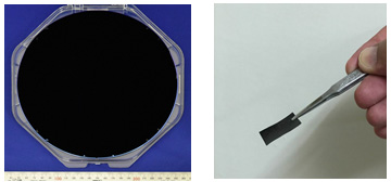 Figure 2: Image of multi-walled carbon nanotubes synthesized all over the surface of a 200-mm silicon substrate (left) and carbon-nanotube sheet (right).