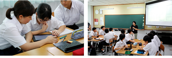 Left: Tablets in use in the classroom , Right: Student opinions collected through "Chietama" are presented on screen