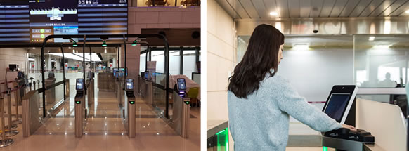 Photo1. Gates equipped with Fujitsu’s palm vein authentication system / Photo2. Usage scenario