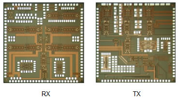 Figure 2: Image of the new CMOS receiver chip (RX) and transmitter chip (TX)