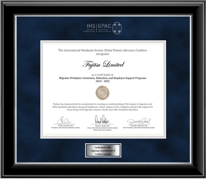 Figure 1 Accreditation from IHS-GPAC to Fujitsu as “World Leader in Migraine Workplace Awareness, Education, and Employee Support Programs”