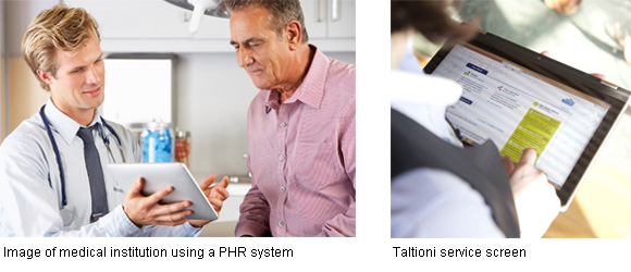 left: Image of medical institution using a PHR system right: Taltioni service screen