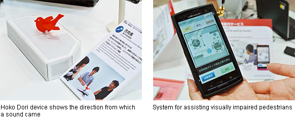 Left: Hoko Dori device shows the direction from which a sound came, Right: System for assisting visually impaired pedestrians