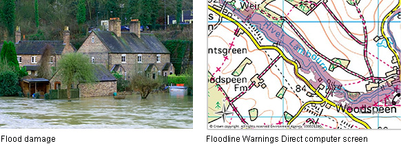 Left: Flood damage, Right: Floodline Warnings Direct computer screen
