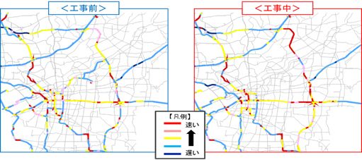 ＜図③＞工事前と工事後の高速道路の平均速度（同8時台）。工事の影響を面的に把握できた。