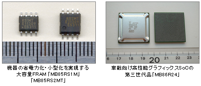 写真2つ:機器の省電力化・小型化を実現する大容量FRAM「MB85RS1M」、「MB85RS2MT」の写真、車載向け高性能グラフィックスSoCの第三世代品「MB86R24」の写真 写真2つ:機器の省電力化・小型化を実現する大容量FRAM「MB85RS1M」、「MB85RS2MT」の写真、車載向け高性能グラフィックスSoCの第三世代品「MB86R24」の写真