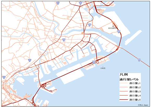 図. 京浜エリアの特大車走行実績の地図表示サンプル（2016年4月 全時間帯集計結果）