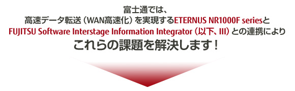 富士通では、高速データ転送（WAN高速化）を実現するETERNUS NR1000F seriesとFUJITSU Software Interstage Information Integrator（以下、III）との連携によりこれらの課題を解決します！