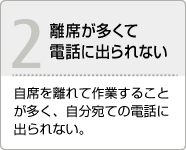 離席が多くて電話に出れない:自席を離れて作業することが多く、自分あての電話に出られない。 離席が多くて電話に出れない:自席を離れて作業することが多く、自分あての電話に出られない。