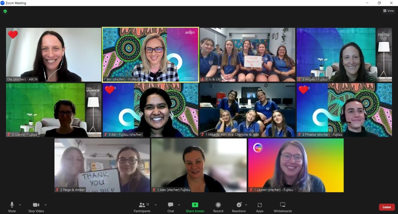 若い女性のリーダーシップスキル構築のためのオンラインプログラムの修了を祝う富士通オーストラリアのメンターとColo High Schoolの生徒たち（2022年）