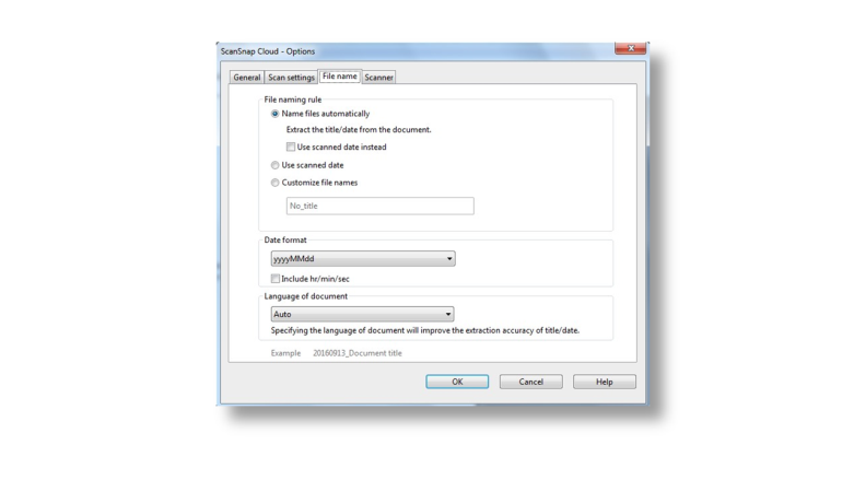 ScanSnap Cloud options window ScanSnap Cloud options window