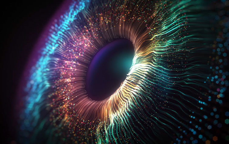 Multicolor bright wavy lines and particles forming an iris shape