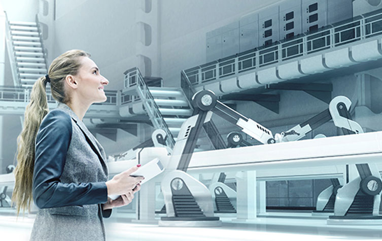 A focused woman holding a tablet in her hand, standing in a modern factory, attentively observing the surrounding machinery