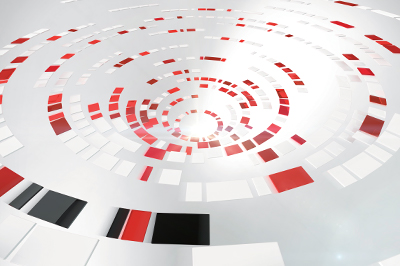 Abstract image of a spiral of red, white and gray blocks