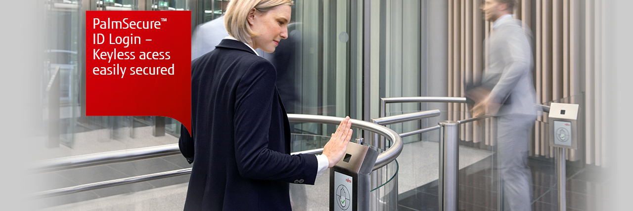 PalmSecure ID login. Keyless access easily secured. Photo of a man and woman using turnstiles with PalmSecure scanners. 