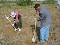 志愿者和当地工作人员合作挖树坑