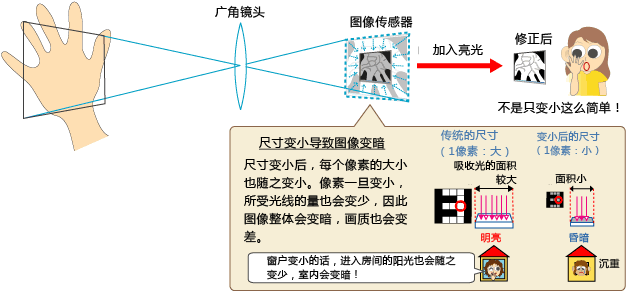 尺寸变小后,每个像素的大小也随之变小。像素一旦变小,所受光线数量也会变少,因此图像整体会变暗