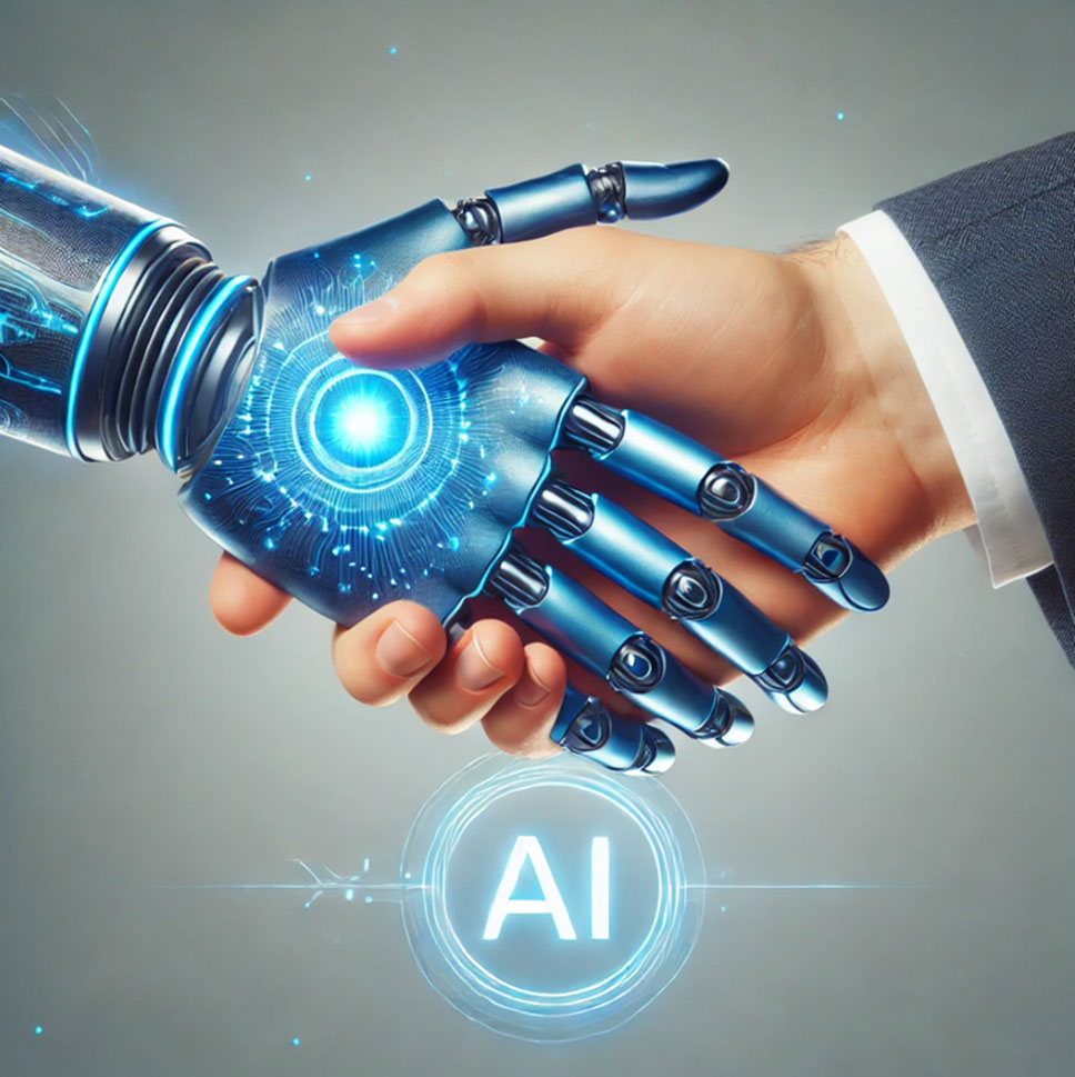 a-human-hand-shakes-hands-with-a-futuristic-blue robotic-hand-symbolizing-AI-collaboration