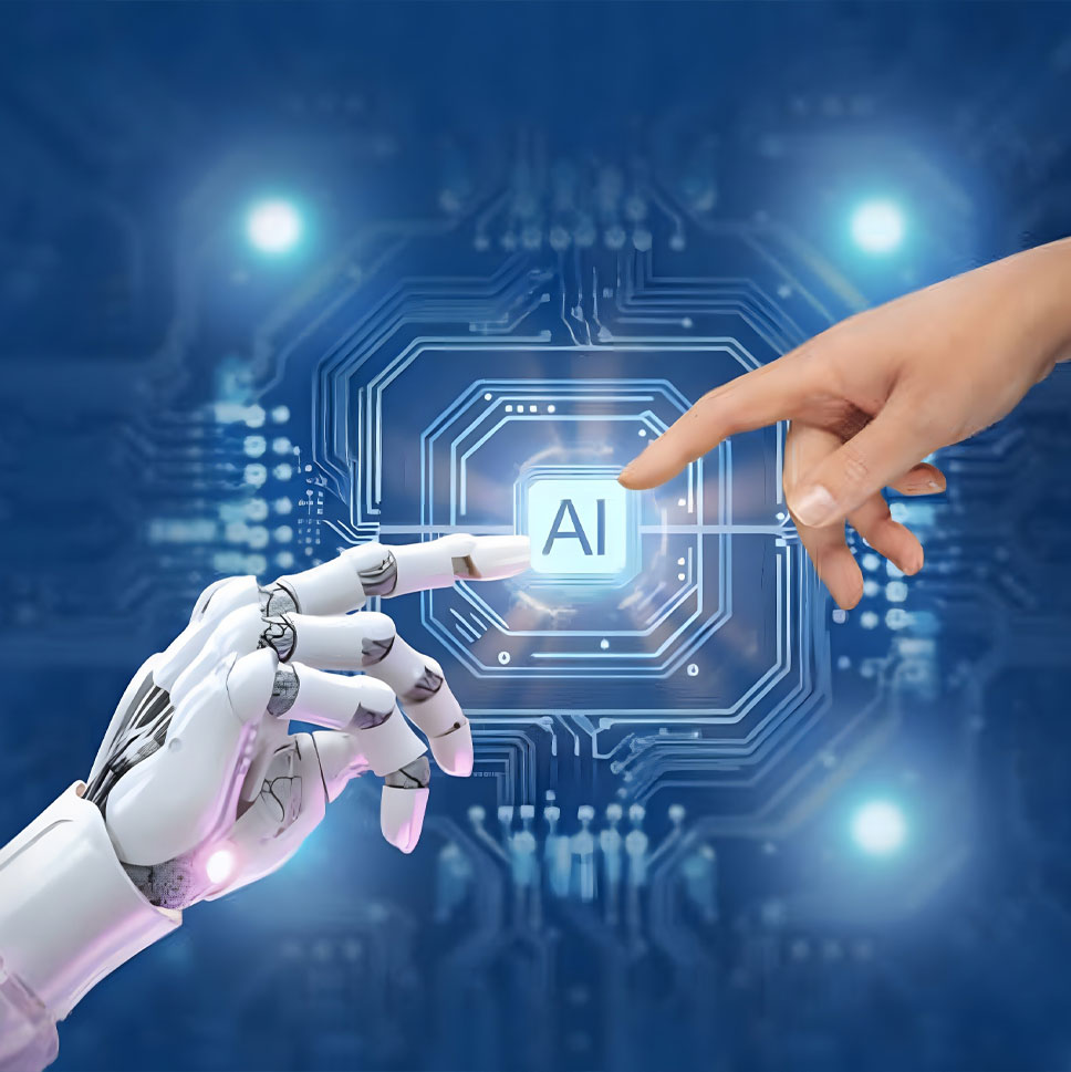 a-robotic-and-a-human-hand-reach-towards-each-other-nearly-touching-a-glowing-AI-button