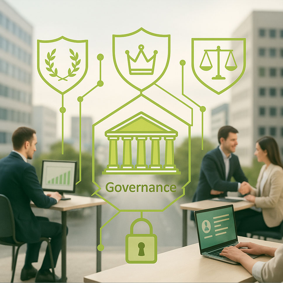 businesspeople-working-on-laptops-with-governance-icons-overlaid-including-crown-and-courthouse
