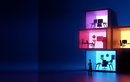 colourful cubes with furniture inside against blue background