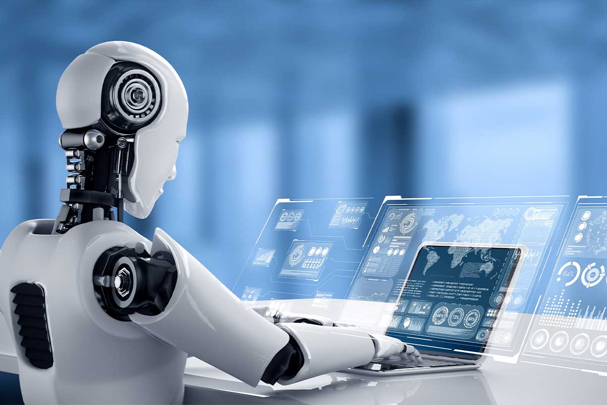 humanoid robot using a laptop and working with big data, ai and machine learning
