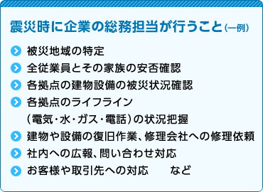 震災時に企業の総務担当が行うこと（一例） 「被災地域の特定」 「全従業員とその家族の安否確認」 「各拠点の建物設備の被災状況確認」 「各拠点のライフライン（電気・水・ガス・電話）の状況把握」 「建物や設備の復旧作業、修理会社への修理依頼」 「社内への広報、問い合わせ対応」 「お客様や取引先への対応」 など