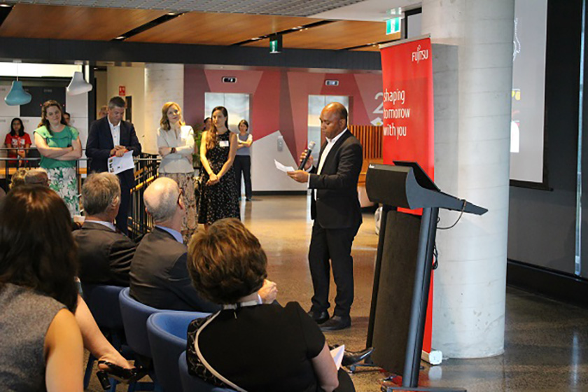 Photo : Pictured above: (Top) Minister for Bennelong, John Alexander OAM and (bottom) Jason Timor, Deputy CEO Supply Nation addressing the audience at the Fujitsu Head Office in Macquarie Park, Sydney.