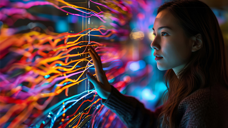 A woman gazes at a vibrant network, captivated by its colorful intricacies.