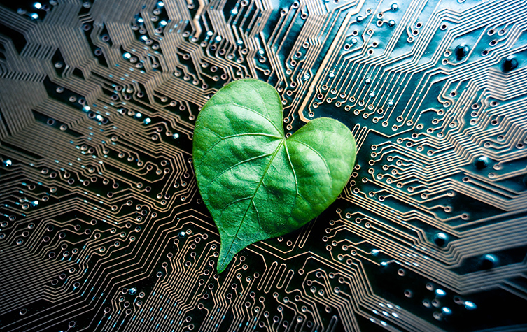 A leaf resting on a circuit board, symbolizing the intersection of nature and technology.
