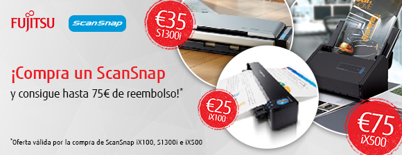 Por un tiempo limitado se puede obtener hasta 75€ de reembolso por la compra de los escáneres Fujitsu ScanSnap seleccionados hasta 21 diciembre 2017 Por un tiempo limitado se puede obtener hasta 75€ de reembolso por la compra de los escáneres Fujitsu ScanSnap seleccionados hasta 21 diciembre 2017