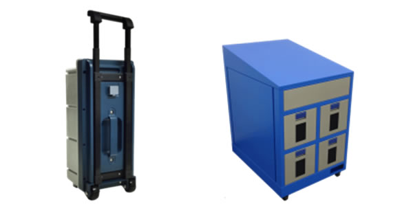 Cassette-style battery (left), "Charging locker" locker-style battery charging locker (right)