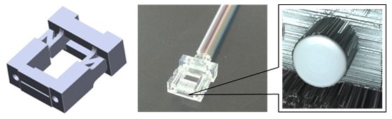 Figure 1: Optical connector with simplified design (left: geometry; center: exterior; right: tip surface of optical fiber)