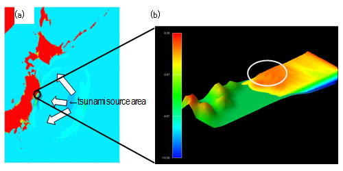 Figure 1 (a) Replicating a tsunami over a wide area extending from its source area to coastal areas (b) Replicating the 3D behavior of a tsunami as it flows into coastal areas