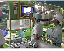 Employee inputting inspection information on a tablet