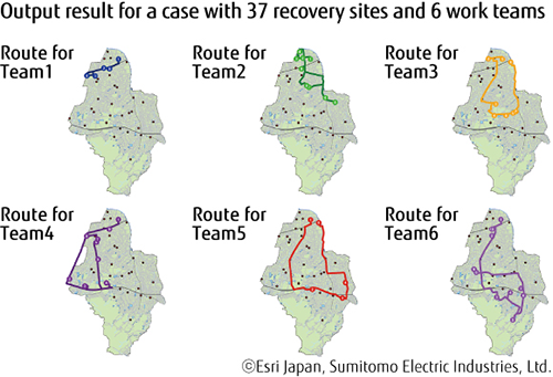 Output result for a case with 37 recovery sites and 6 work teams Output result for a case with 37 recovery sites and 6 work teams