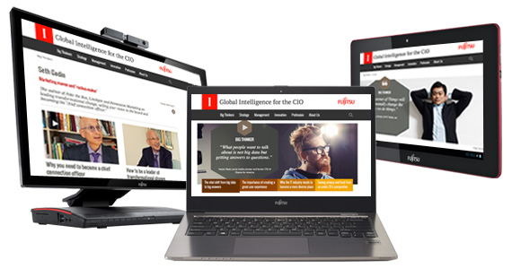 I-CIO Web site shown on a Fujitsu laptop, PC and Tablet