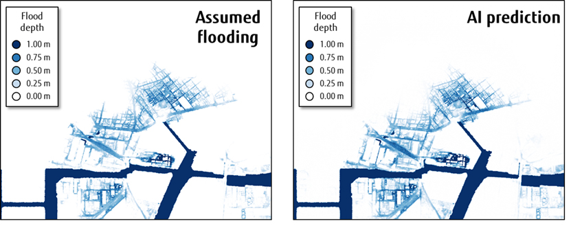 Fig 2. Comparison between anticipated flooding (tsunami source model created by Cabinet Office of Japan) of Nankai Trough Megathrust Earthquake and prediction results of newly developed AI