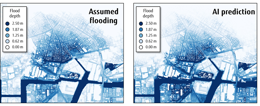 Fig 3. Comparison between anticipated flooding (tsunami source model created by Cabinet Office of Japan with tripled wave heights) of Nankai Trough Megathrust Earthquake and prediction results of newly developed AI