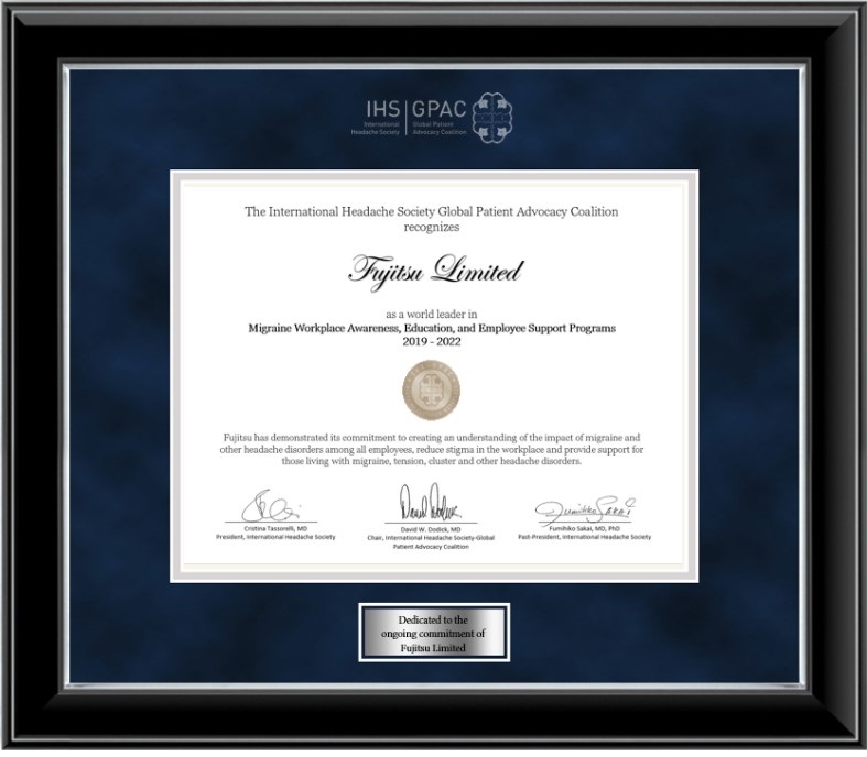 Figure 1 Accreditation from IHS-GPAC to Fujitsu as “World Leader in Migraine Workplace Awareness, Education, and Employee Support Programs”