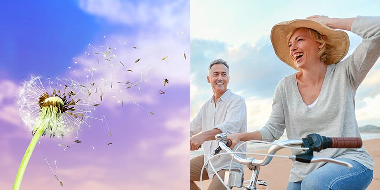 On the left is: This photo shows the seed dispersal of a dandelion representing future growth and the next generation. On the right is: This shows two people on bicycles enjoying outdoor life.