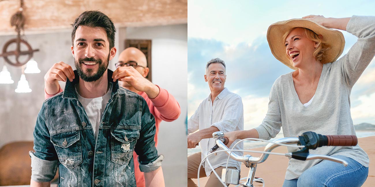 On the left is: This picture shows a satisfied consumer trying on clothes in a retail shop. On the right is: This shows two people on bicycles enjoying outdoor life.