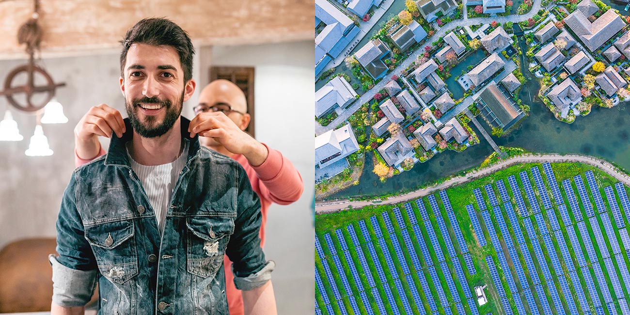 On the left is: This picture shows a satisfied consumer trying on clothes in a retail shop. On the right is: This picture shows a factory plant within society using sustainable solar panels.