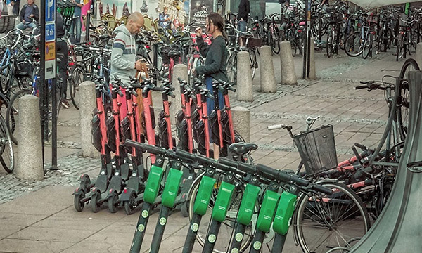 Bicycles and e-scooters for hire.