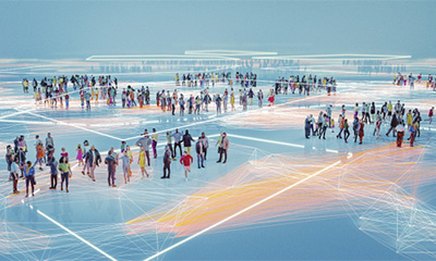 People standing on a digital world map, representing innovative experiences.