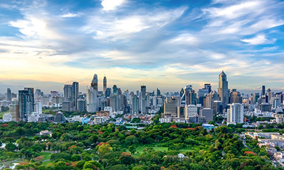 Park and city skyline.