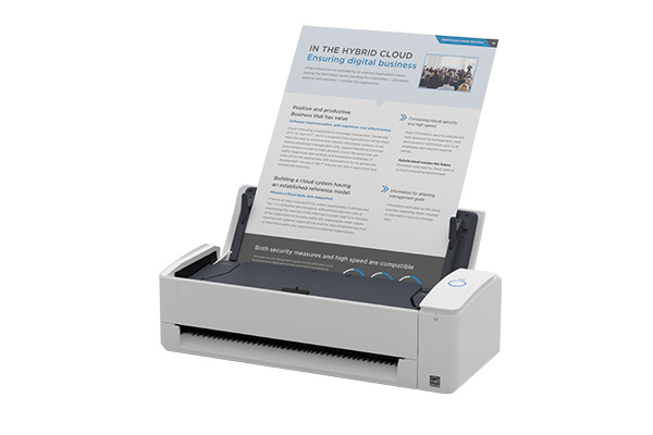 a white printer with a blue background